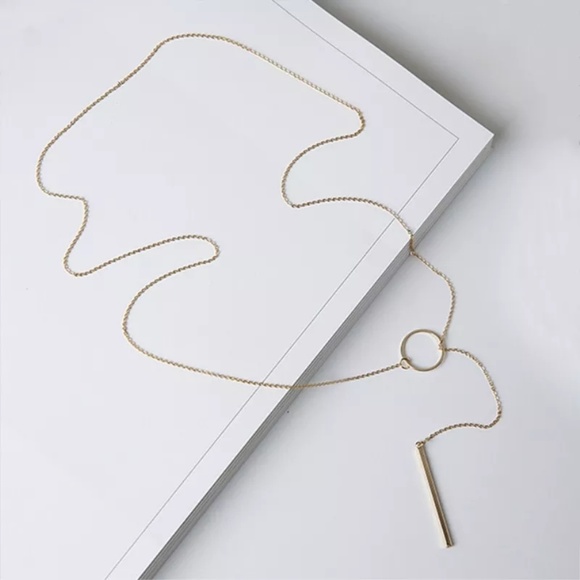 Dainty Gold Bar Circle Lariat Necklace D4 - Picture 2 of 3